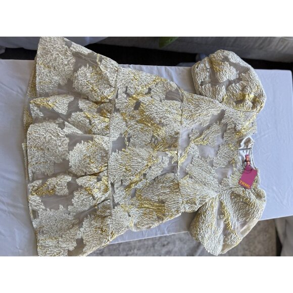 Anthropologie THML Gold White Puff Sleeve  Dress NEW Large SHOWER Wedding - Picture 13 of 16